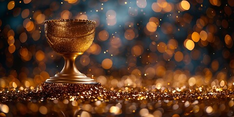 Panoramic Golden Goblet Trophy with Sparkling Bokeh Lights Background