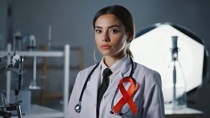Female doctor wearing red ribbon as a symbol of HIV and AIDS awareness, medical support, prevention, global healthcare campaign and social responsibility concept.