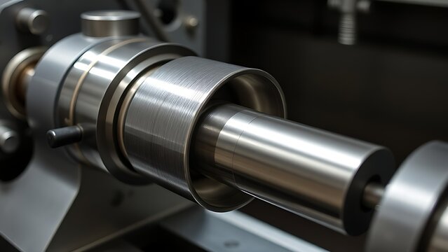 mandrel. A conical metal lathe mandrel rotating with an unfinished tube sleeve fitted over it. safety posters, maintenance manuals, designed for precision metalworking and fabrication facilities.