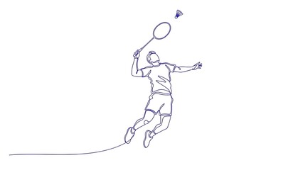A dynamic line drawing of a person playing badminton. 