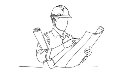 A line drawing of an engineer reviewing architectural plans. 