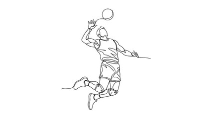 A dynamic line drawing captures a basketball player mid-air, poised to shoot. 