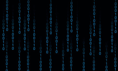 Binary code in matrix style, digital falling numbers, blue background