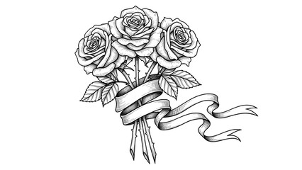 Vintage engraved style bouquet of roses with ribbon, delicate floral illustration for romantic designs.