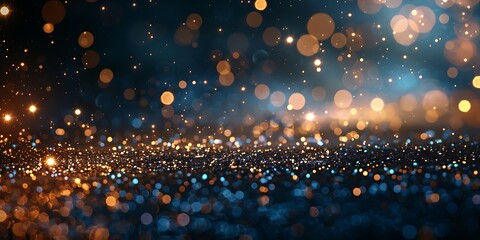 Panoramic Bokeh Lights Abstract Background with Blue and Gold Floating Particles