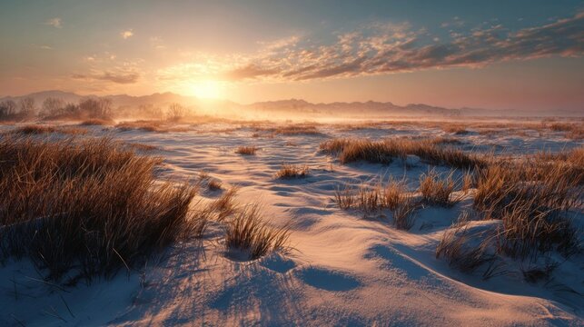 snowy field under golden sunrise glow, - Powered by Adobe