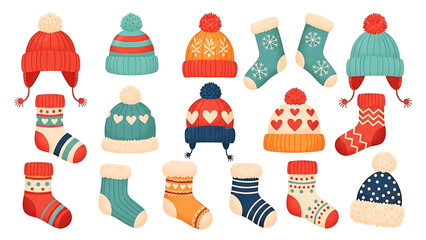Cute Winter Hats and Socks Collection – Flat Cartoon Knitted Accessories