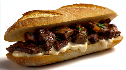 Beef steak sandwich with smoky chipotle, club-style baguette bread, and creamy mayonnaise sauce, isolated on a white background