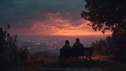 A couple wrapped in a blanket, sitting on a bench watching