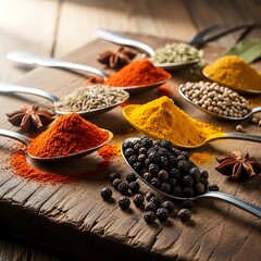 Richly colored spices and peppercorns organized in a decorative pattern on a rustic dark brown wooden board