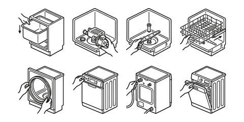 Dishwasher installation and home appliance maintenance line icons set