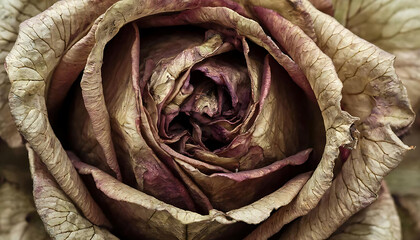 close-up of a withered rose with dry curled petals,Withered Rose Close-Up.  Faded Rose Petal Texture. Dry Rose in Soft Light.