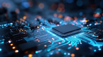 Cyber Circuitry: The intricate pathways of a computer's central processing unit come to life, illuminated by vibrant digital lights, representing the core of modern technology and innovation.