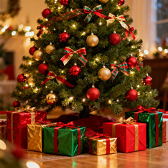 Christmas tree with gifts, decorations, baubles, and presents.