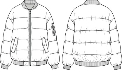 Puffer jacket technical flat sketch, detailed CAD drawing with zipper and pockets, quilted outerwear design, fashion garment vector illustration template © SreePobitra
