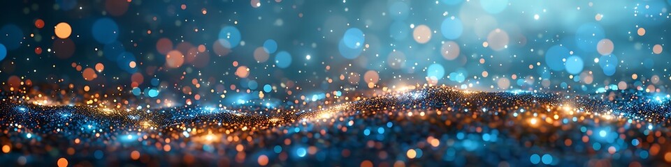 Panoramic Abstract Glowing Lights on a Dark Background with Bokeh Effect