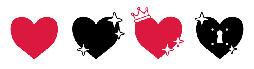 Minimal black and red heart symbols with sparkles, crown, and lock icons. Perfect for Valentine&rsquo;s Day designs, love messages, romantic branding, stickers, and modern graphic projects.