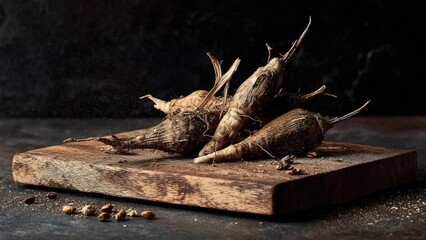 Fototapeta premium Dried root vegetables stacked on a rustic wooden cutting board. Concept Rustic Food Photography, Dried Root Vegetables, Wooden Cutting Board, Harvest Still Life, Pantry Decor