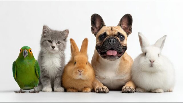 Adorable group of different pets including a parrot, a kitten, a dog and two rabbits sitting together in a row looking at the camera, posing for a studio portrait on a white background