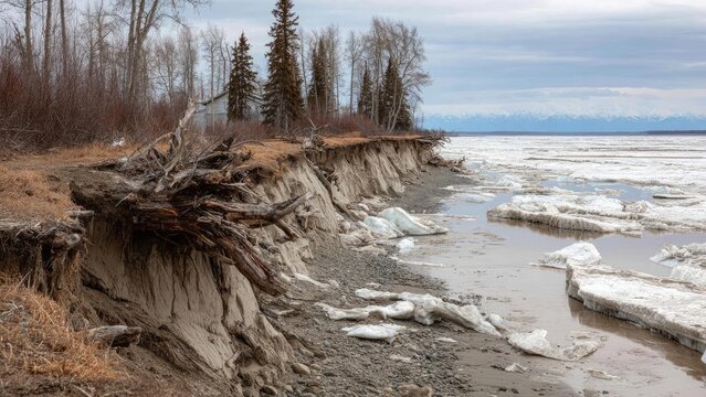 Shoreline eroded, exposing tree roots; a small house sits among bare trees as ice floes drift on a cold lake. Concept Shoreline erosion, Exposed tree roots, Isolated lakeside cottage
