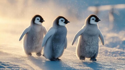 Three fluffy penguin chicks walk across the icy snow in warm, soft light. Concept Penguin chicks, Icy landscape, Warm soft light, Fluffy plumage, Winter wildlife