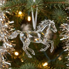 A crystal figurine of a horse, the symbol of 2026, on a Christmas tree