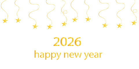 Minimal 2026 Happy New Year background with golden hanging stars and elegant swirling ribbons on a clean white backdrop. Festive, modern, bright holiday design perfect for greetings and celebrations.