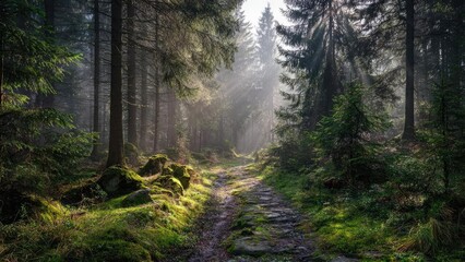 Obraz premium Mossy stone path winding through a sunlit evergreen forest. Concept Mossy Path, Sunlit Forest, Evergreen Woods, Nature Walk, Dappled Light