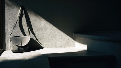 A grey leather shoulder bag leaning against a sunlit, textured wall. Concept Grey Leather Bag, Sunlit Wall, Textured Wall, Fashion Accessory, Minimalist Style