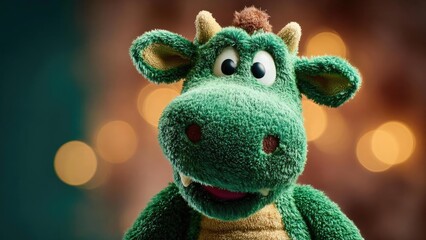 A cute green plush dragon toy with large eyes and a friendly smile. Concept Cute plush dragon, Green color, Large eyes, Friendly smile, Soft and cuddly