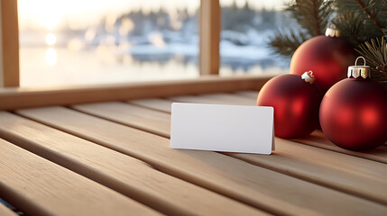 Holiday Greetings: Festive red ornaments and a blank card rest on a wooden deck overlooking a serene winter landscape, evoking warmth and cheer. Happy Holidays!
