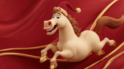Cartoon cute white horse jumping, symbol of the new year 2026, on a red background