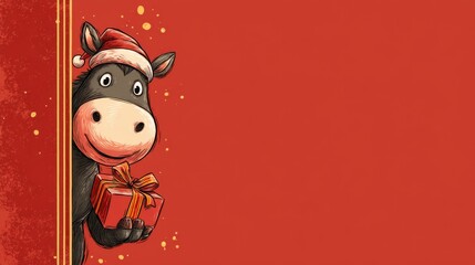 A cartoon funny horse in a Santa hat with a gift peeks out from around the corner, on a red background with space for text