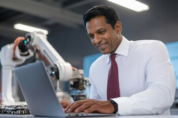 Male engineer programs and controls an advanced robotic arm from a laptop in a modern r and d lab, showcasing innovation, automation, precision and industrial technology