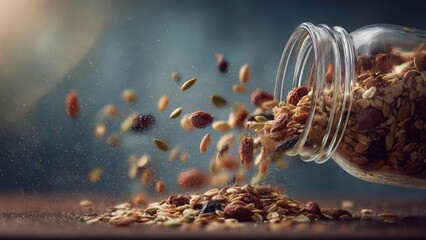 Fototapeta premium Granola spills from a glass jar, with oats, seeds and dried fruit scattering onto a surface. Concept Granola spill from glass jar, Oats, seeds and dried fruit scattering on surface