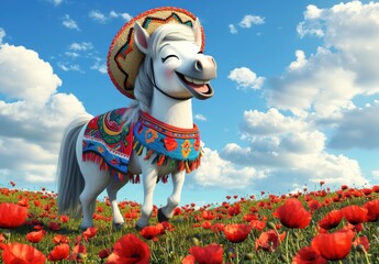 A cheerful smiling cartoon horse in a Mexican poncho and sombrero against the backdrop of a field of poppies, a symbol of the new year 2026