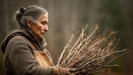 An elderly woman in a warm coat and apron holds a bundle of bare twigs in a forest. Concept Cozy winter portrait, Rustic forest gathering, Elderly woman with twigs, Quiet contemplative mood