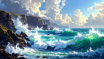 Vibrant ocean waves crash against rocky cliffs under a bright, partly cloudy sky, painted in a luminous, dreamy style