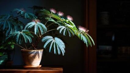 A potted mimosa plant with feathery, bipinnate leaves and pink fluffy blooms on its tips. Concept Mimosa plant, Potted greenery, Feathery bipinnate leaves, Pink fluffy blooms, Botanical decor