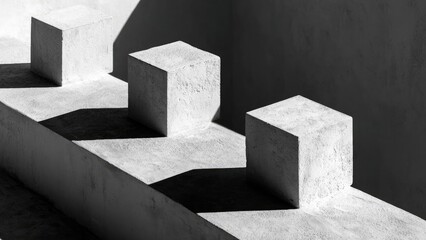 Three concrete cubes on a stepped platform, casting strong geometric shadows in a stark black-and-white scene. Concept Geometric Shadows, Black-and-White Photography, Concrete Architecture