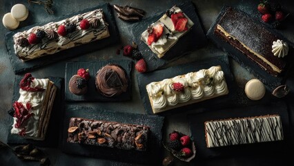 Assorted cakes and pastries with chocolate, cream, and fresh berries arranged on slate boards. Concept Dessert Platter Styling, Chocolate and Berry Desserts, Cream-filled Pastries
