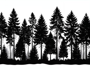 Obraz premium Seamless Horizontal Border of Black Pine Forest Silhouettes Against a White Background.