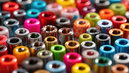 Colorful metal nuts with internal threads arranged in a dense cluster. Concept Colorful nuts macro, Threaded metal textures, Industrial close-up photography, Dense cluster composition