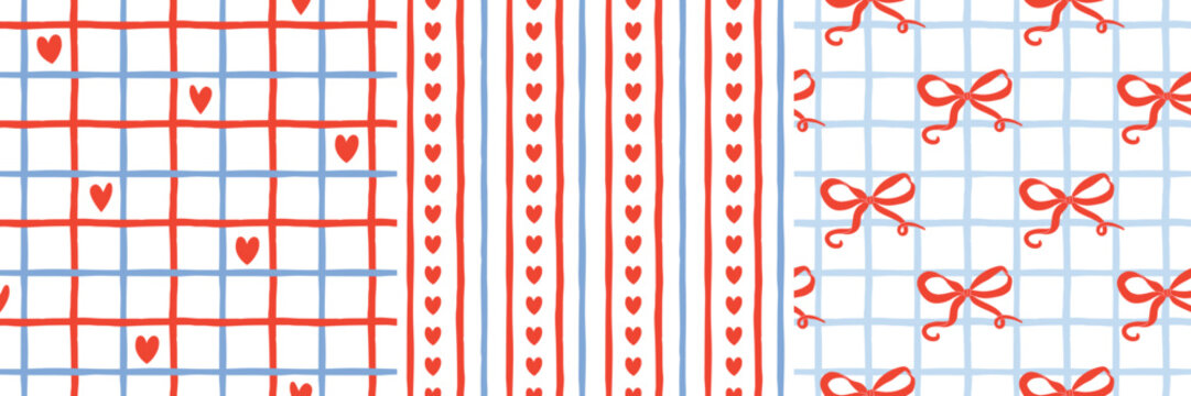 Valentine seamless pattern set with hand-drawn hearts, stripes, checkered grids, and ribbon bows in red and pastel blue. Perfect for banners, fabric design, gift wrap, stationery, notebook covers.