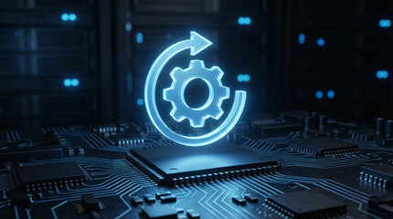 Glowing update gear icon above microchip on circuit board, software maintenance, system upgrade and optimization.