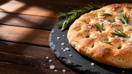 Rustic golden focaccia bread with rosemary and sea salt resting on slate board against warm wooden background under soft lighting