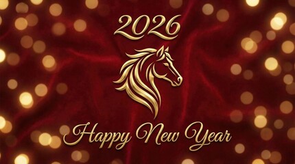 Naklejka premium The symbol of the new year 2026 is a golden horse on a red traditional Chinese background with the inscription 