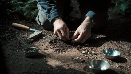 A person plants seeds by hand in soil outdoors, with a trowel and small bowls nearby. Concept Outdoor gardening scene with hands planting seeds, Trowel and small bowls beside the planting area
