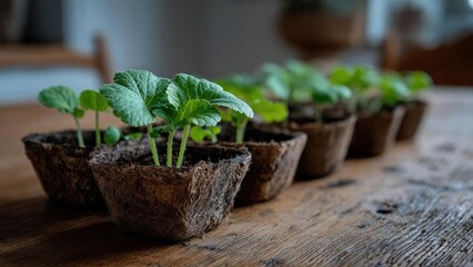 Fototapeta premium Small green seedlings growing in biodegradable peat pots arranged on a wooden table. Concept Seedlings in peat pots, Biodegradable pots, Green sprouts, Wooden table gardening setup