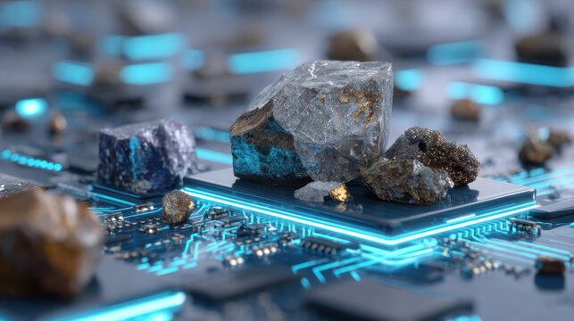 Mineral Treasures of Technology: Various types of rock minerals are presented on a computer circuit board, representing the fusion of nature's elements with advanced technology.
